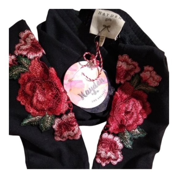 Hayden Girl's Black Leggings with Embroidered Roses - Picture 2 of 4
